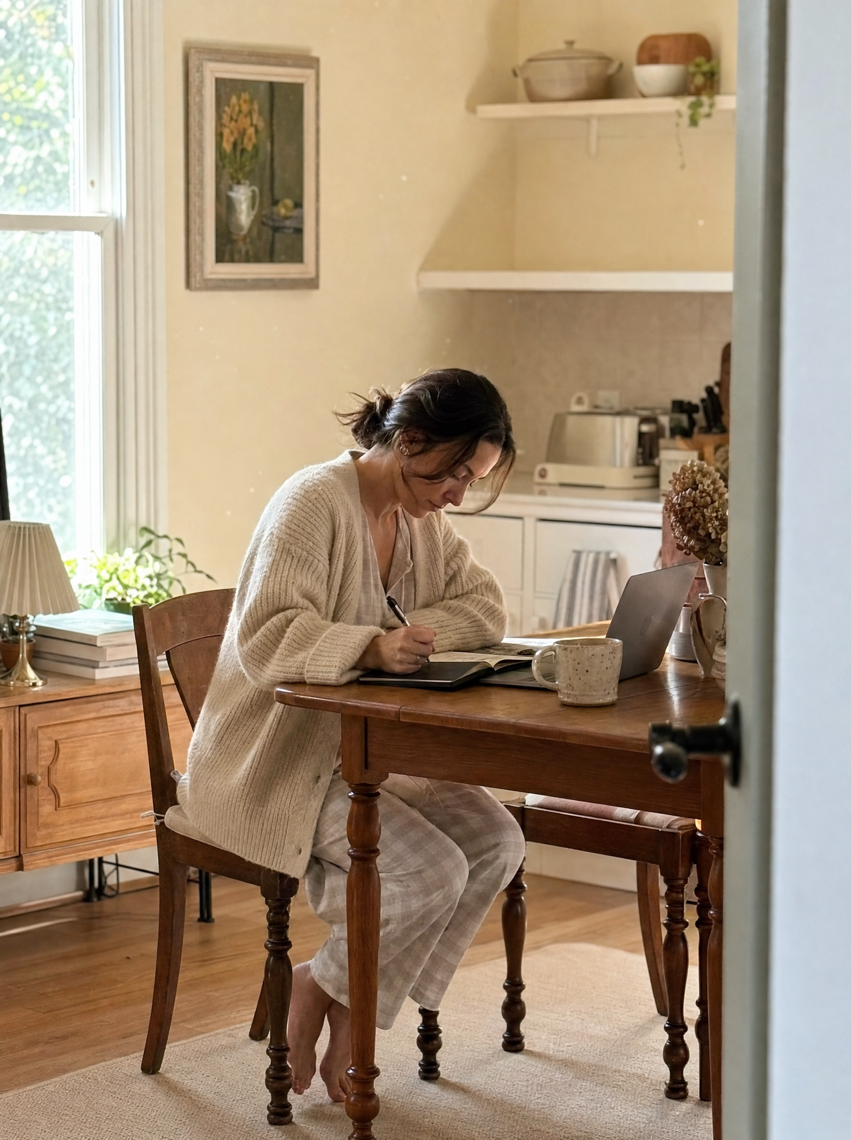 Hannah writing in a notebook at her kitchen table